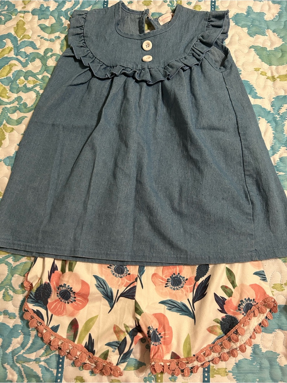 Girls Denim-Look Ruffle Top and Floral Shorts Set - Blue & Cream